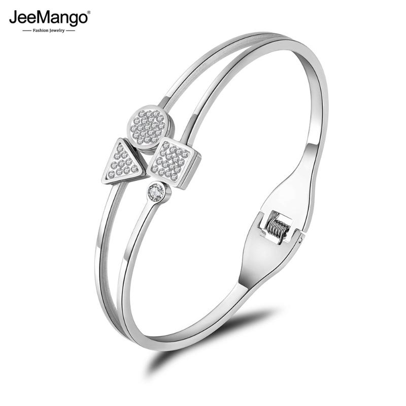 

JeeMango Roman Numerals Geometry Stainless Steel Rhinestone Cuff Bangles Bracelets Lovers Jewelry Valentine's Day Gift JB18058