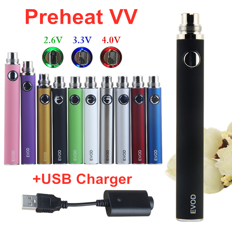 

Preheat EVOD VV Button Adjustable 510 Thread Vapes Battery with USB Charger 650 900 1100 mAh Variable Voltage Vapor Pens Battery