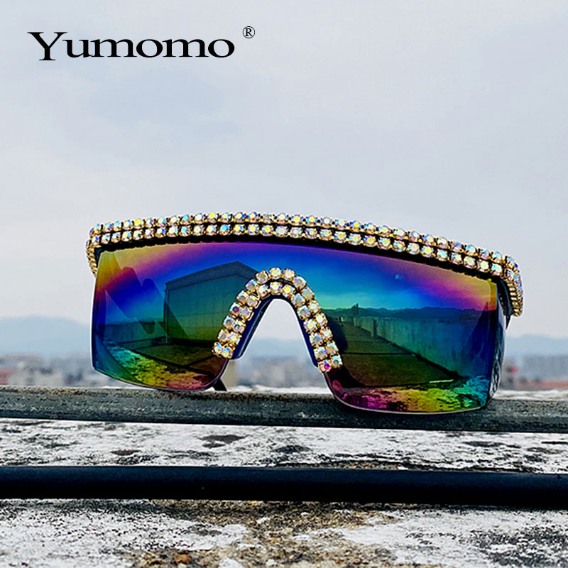 

Fashion Rhinestone Oversized Mirror Sunglasses Women Men Luxury One Piece Sunglasses Men Crystal Google Eyewear UV400