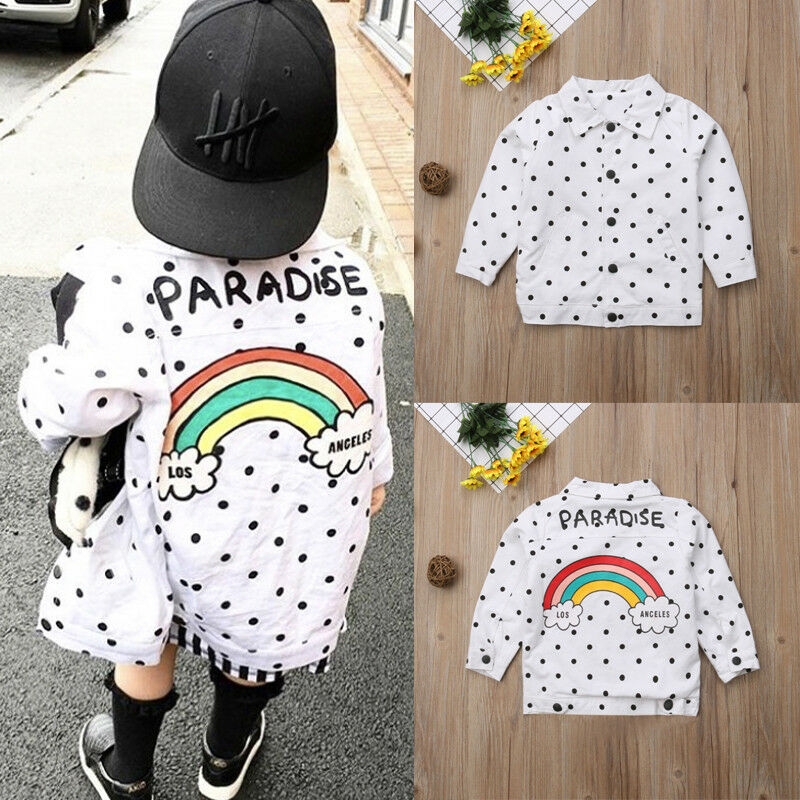 

Fashion Autumn Toddler Kids Baby Girls Boys Jacket Polka Dot Rainbow Printrf Tops Outerwear Coat Children Jacket Clothes Canis, White