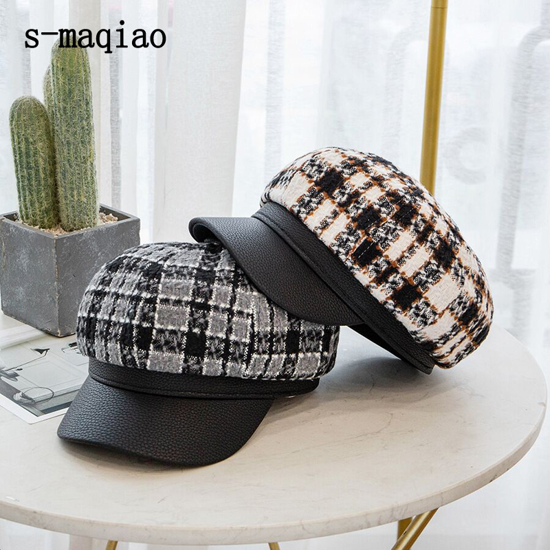 

Plaid Octagonal Cap Fashion leather stitching Women Autumn And winter Lattice Painters Hat Female England Retro Beret Bonnet, White