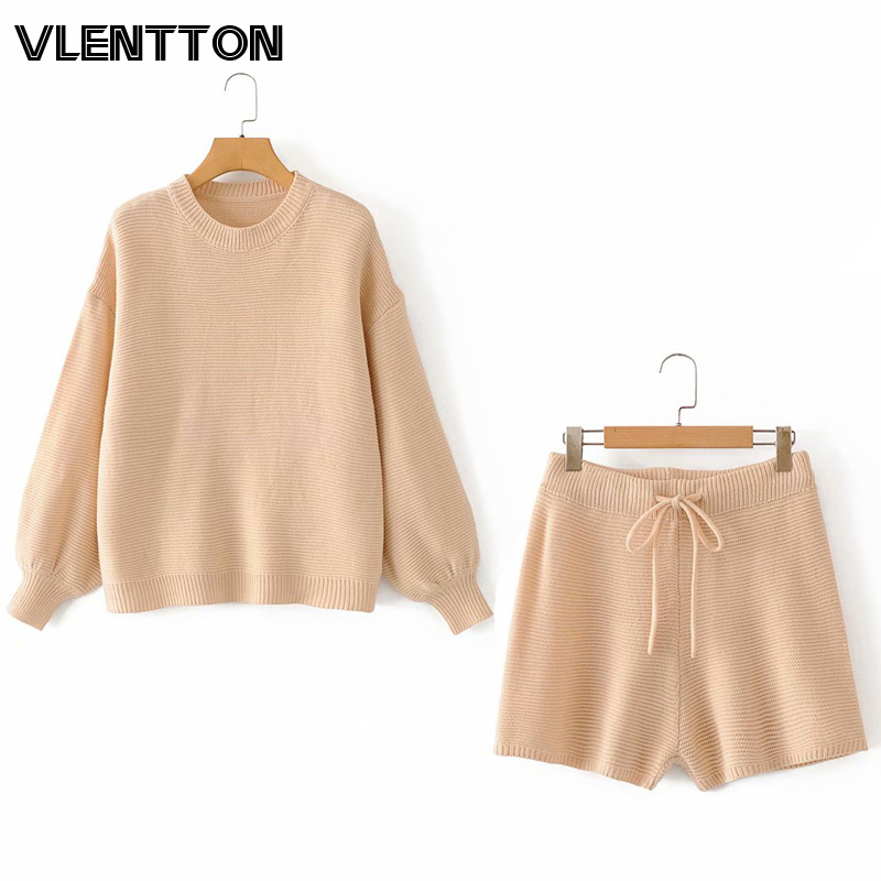 

Autumn Winter Tracksuit Women Knit 2 Piece Set Solid Pullover Sweater+Drawstring Shorts Outfits Female Casual Loose Tops Suits, Sets