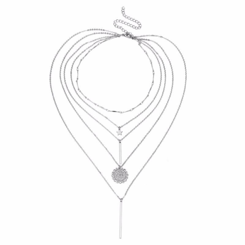 

lureme Vintage Sun Flower Bar Pendants Multilayer Chain Long Necklace for Women