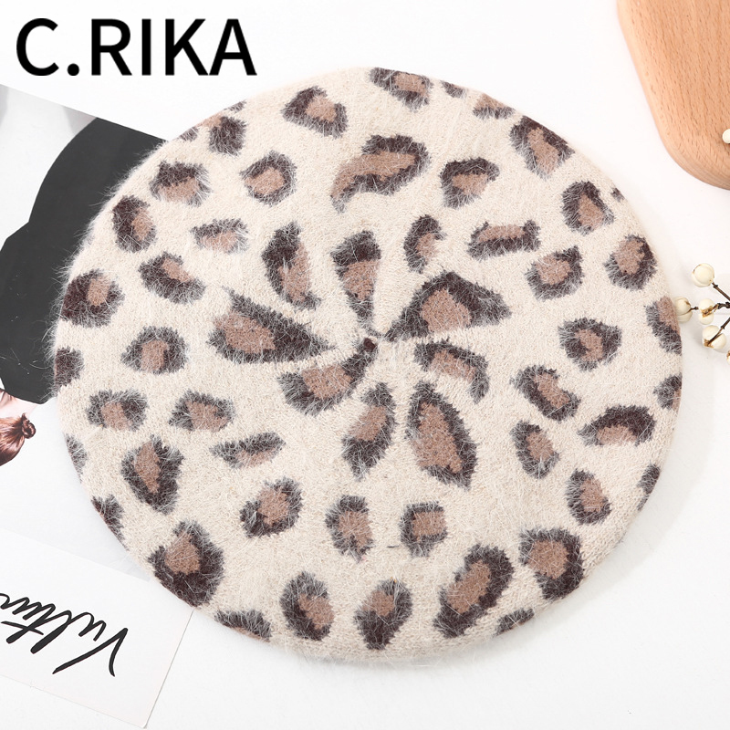 

Autumn Winter Women Vintage Leopard Fur Beret Lady Girls Outdoor Travel Fashion Warm Beret Hat French Hat Painter, Beige