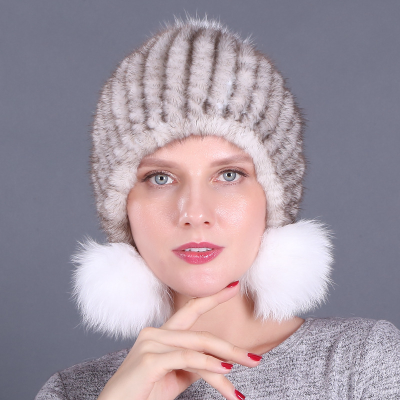 

Fur Hat Women's Three-Ball Winter Fur Ball Ear Protection Leather Thick Warm