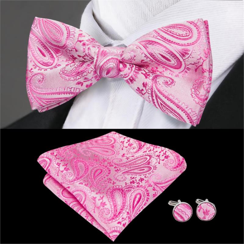 

Barry.Wang Men Silk Bowtie Set Pocket Square Cufflinks Paisley Bows Pink Pre-Tied Butterfly for Wedding Business Party LH-702