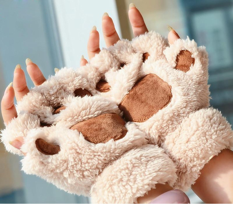

Women Cute Cat Claw Plush Mittens Warm Soft Plush Short Fingerless Fluffy Bear Cat Gloves Costume Half Finger Black Beige
