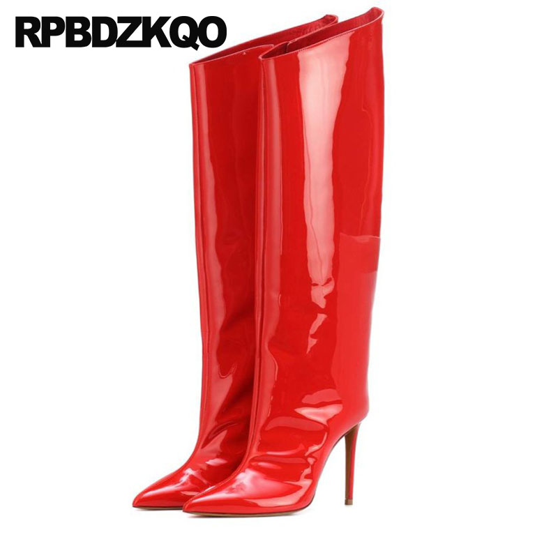 

pointed toe knee high 13 45 heel red wide calf 12 44 patent leather shoes women boots big size 2020 stiletto long, Black