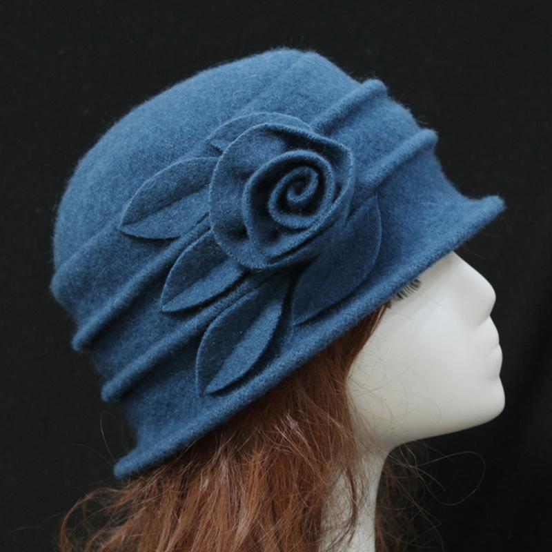

Vintage Women Wool Caps Cloche Flapper Hat Fashion Lady Bucket Winter Flower Cap Classical Flower Design Hats, Black