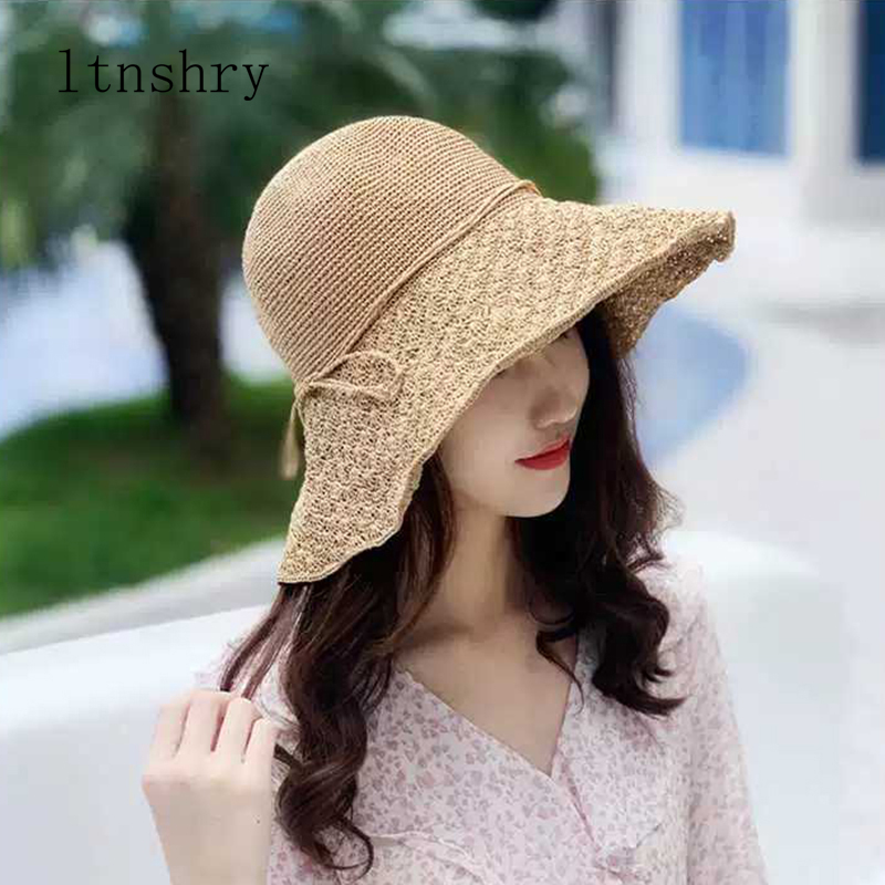 

2020 new Summer hand made high quality Raffia women hat Bow sun hat Visor Beach holiday Bucket cap Foldable printing Beach