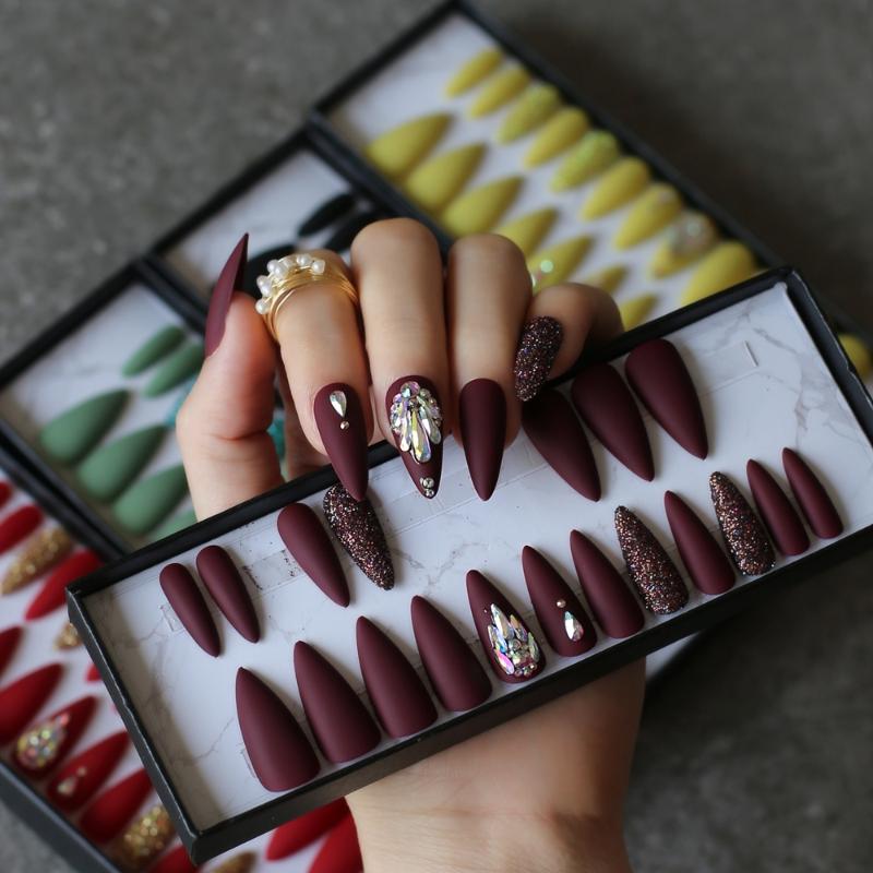 

Salon Long Stiletto Burgundy Fake nails crystal coffee glitter false nails full set press on 24pcs custom box, Box-black