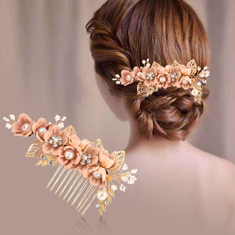 

1PC Luxury Purple Pink Flower Hair Combs Headdress Prom Bridal Wedding Crown Hair Accessories Gold Leaves Jewelry Pins