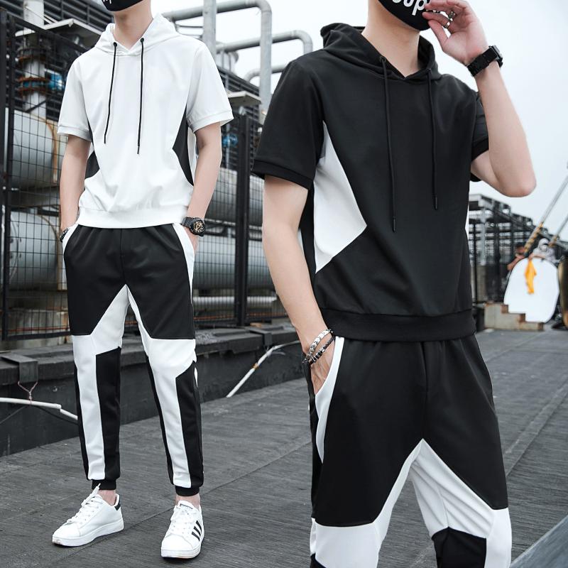 

2020 New Summer Sportwear Set Men Hooded Stitching Contrast Color Short-sleeved t-shirt+ long pants Suit Black White Tracksuit