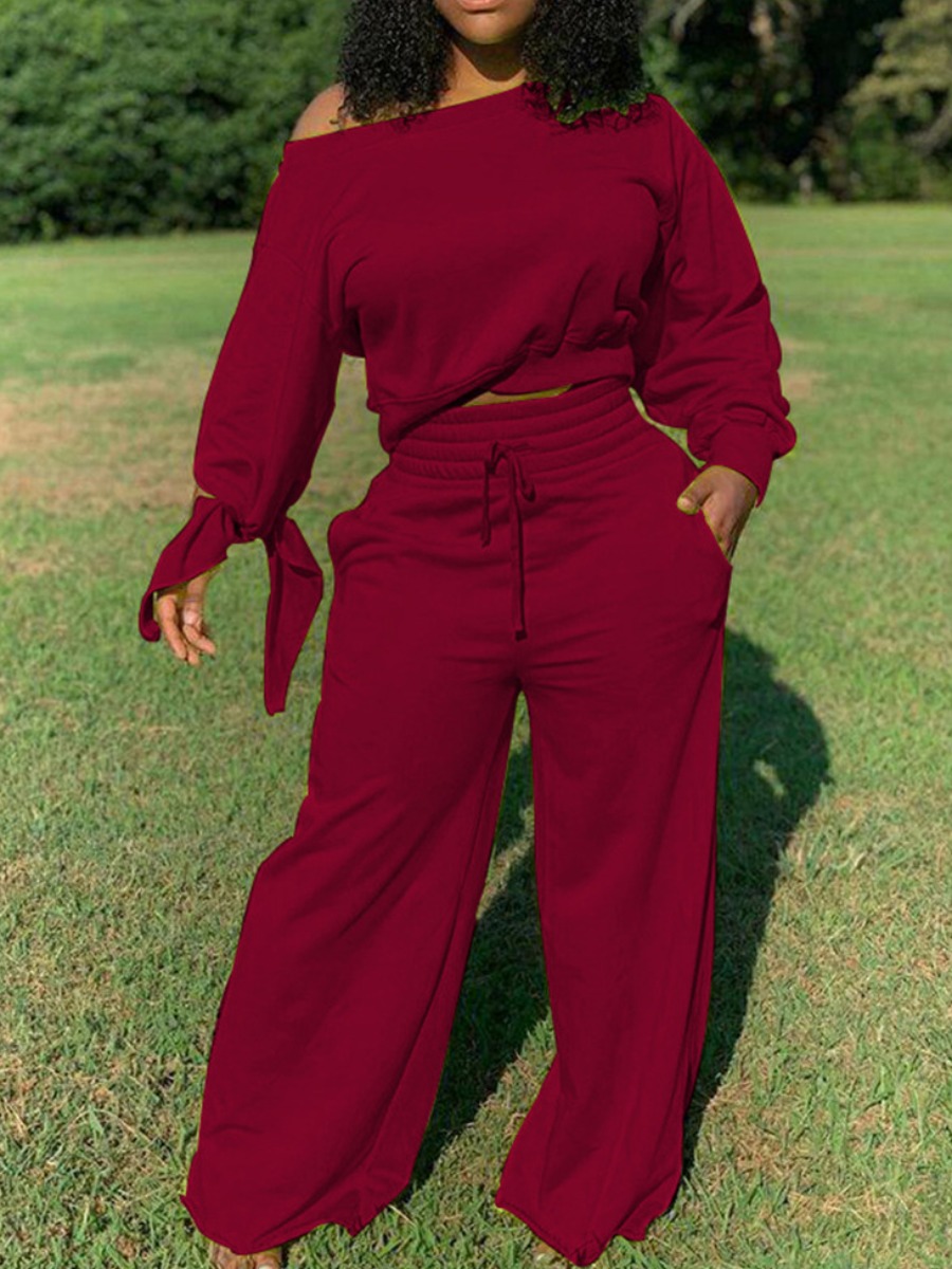 

Casual One Shoulder Wine Red Two-piece Pants Set