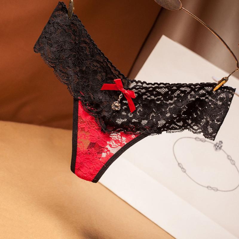 

Sexy Women G-String Thongs Perspective Crystal Decor Lace Lingerie Underwear for Women Bow T-back Panties Patchwork Briefs, Black