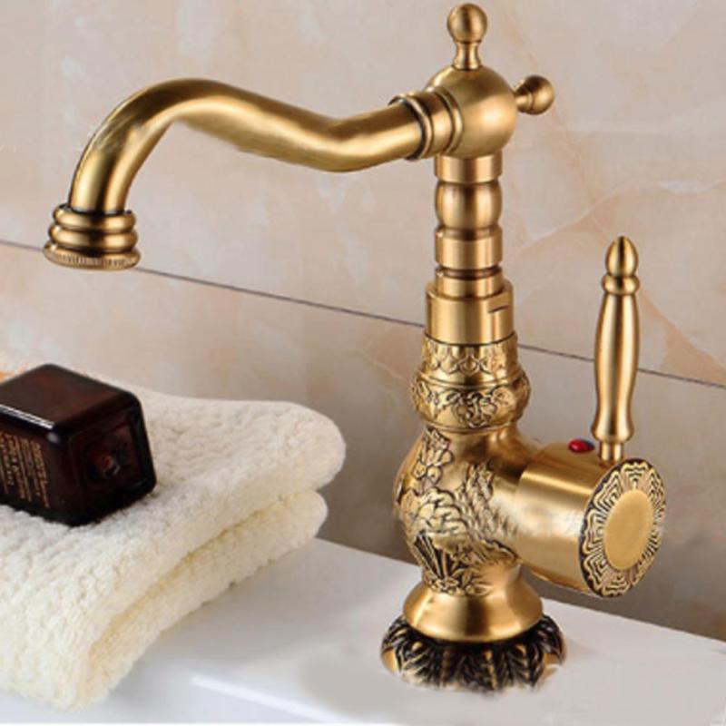 

European-Style Basin Carved Faucet With 2 Hoses Hot And Cold Copper Retro Mixer Tap Faucet for Bathroom Kitchen