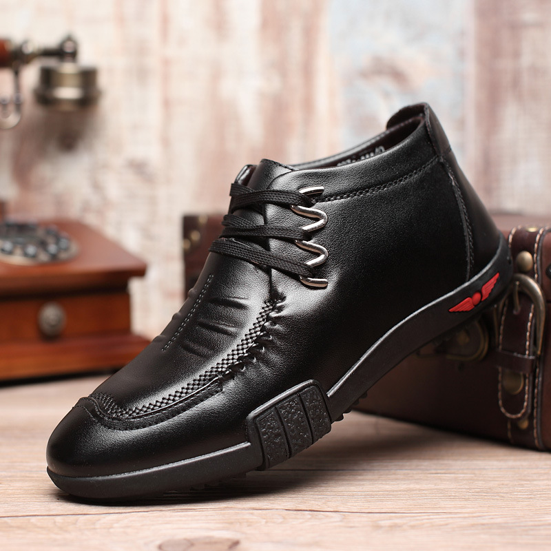 

Men Winter Boots Business Genuine Leather Ankle High-top Cotton Snow Boots With Full Fur lining for father yuj8, Black