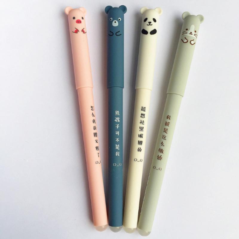 

4pcs/lot Lovely Pig Panda Mouse Bear Erasable Velvet Black Blue ink gel pen for Writing Students School Office Supplies 0.35mm