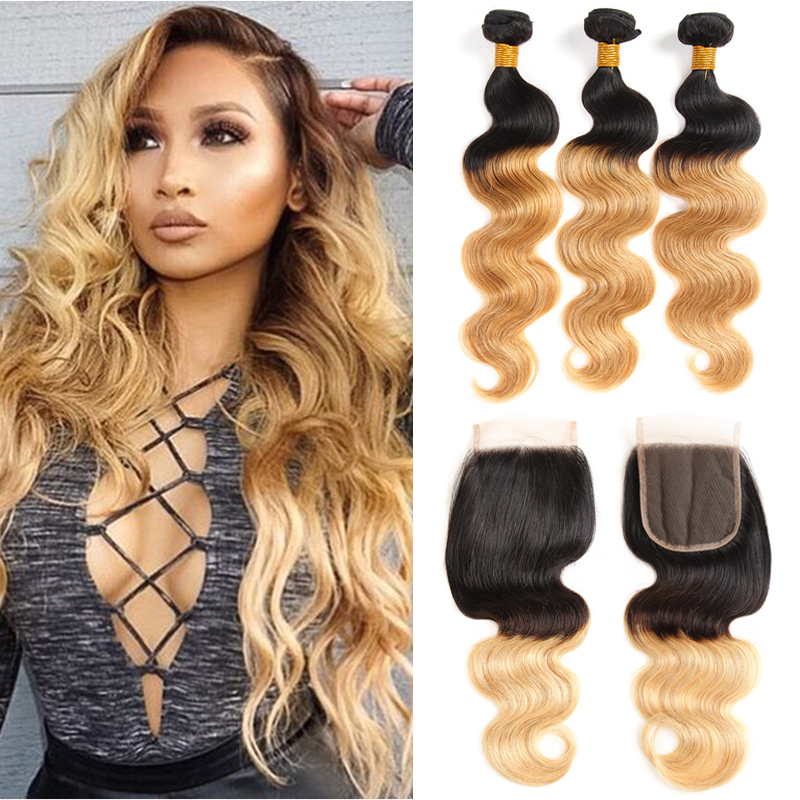 

T 1B 27 Dark Root Honey Blonde Body Wave Ombre Human Hair Weave 3 Bundles with Lace Closure Brazilian Virgin Hair Extensions Weft