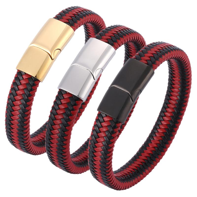 

Trendy Men Jewelry Black Red Mixed Braided Leather Bracelet 3 Colors Stainless Steel Magnetic Clasps Fashion Bangles Gifts