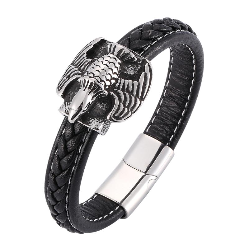 

Personality Eagle Business Men's Black Woven Leather Bracelet Stainless Steel Magnetic Button Fashion Charm Bracelet 7-SP0189