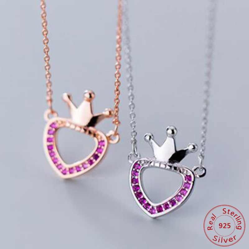 

Real 925 Sterling Silver Jewelry Shiny Purple CZ Zirconia Love Heart Crown Shape Pendant Necklace For Women Gift collares bijoux
