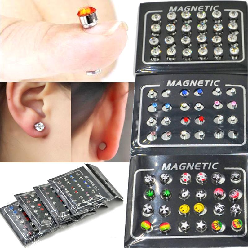 

BOG- 24 pieces Magnetic Non-Piercing Clip Round Rhinestone Stud Earring Cheater Fake Ear Plugs For Boy Body Jewelry