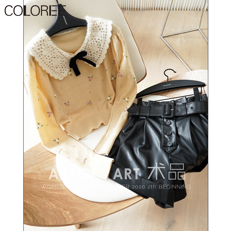 

HIGH QUALITY Handmade Embroidery Floral Pulls Femme 2020 Casual Elegant Long Sleeve Yellow Knitted Wool sweater women