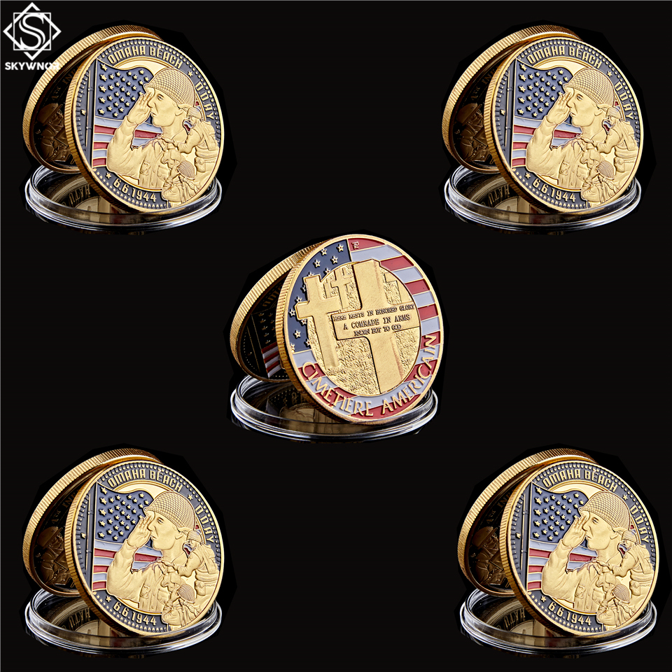 5pcs 1944.6.6 D-Day Omaha Beach Craft 1oz Gold Plated Souvenir Cimetiere American Military Challenge Coin Collection-image-586786660