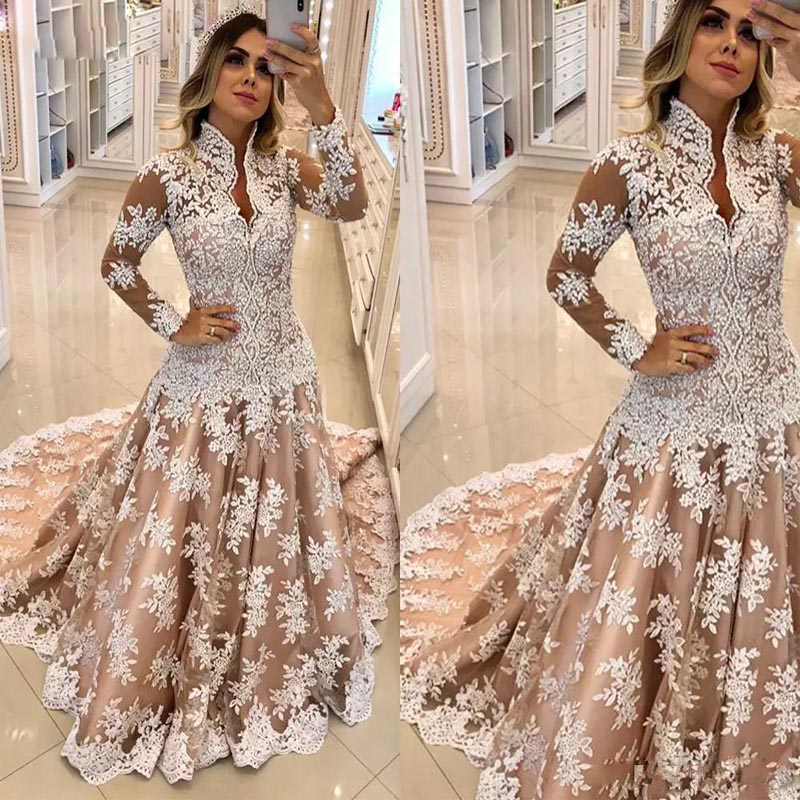 

Newest Champagne Mermaid Muslim Wedding Dresses High Collar Appliques With Pearls Wedding Gown Sweep Train Country Bridal Dress, Same as image