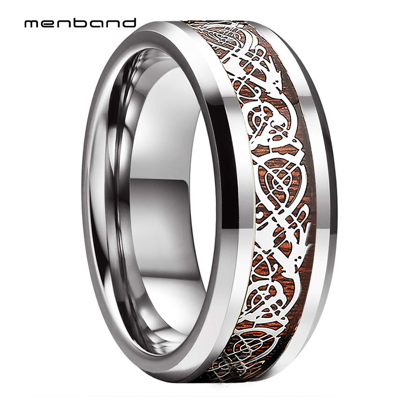 

Original Color Tungsten Carbide Ring Wedding Band For Men Women With Wood And Dragon Inlay 8MM Ring Box Available