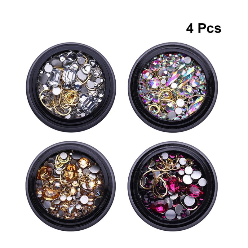 

4 Boxes Nail Studs Sparkle 3D Charms Gold DIY Hollow Rhinestones Moon Metal Nail Decals Stickers Gems Tattoo