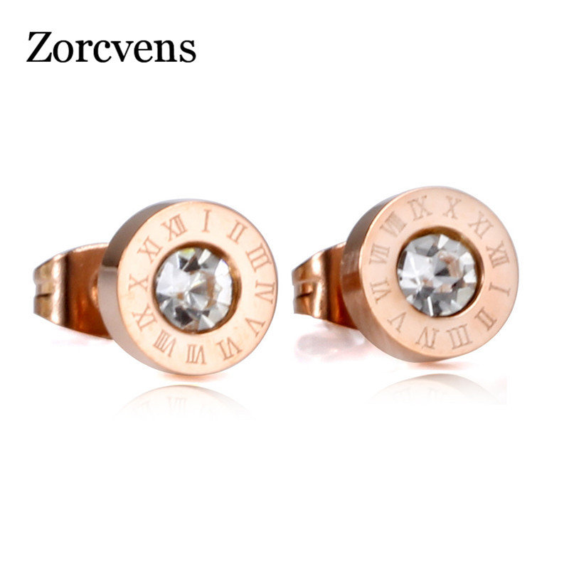 

ZORCVENS 316 Stainless Steel Round Shine CZ 8MM Diameter Roman Numeral Stud Earrings For Women High Quality Brand Jewelry
