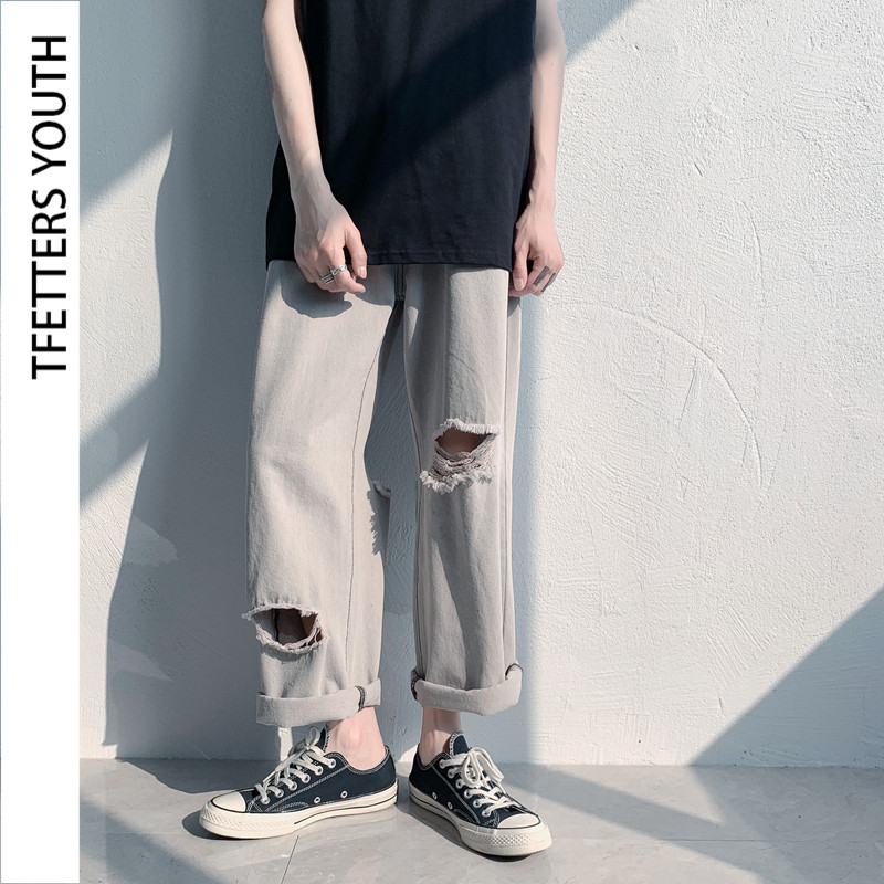 

TFETTERS 2020 New Summer Ripped Jeans for Men Loose Mid Straight Washing Distressed Full-length Pants Casual Hole Wide Leg Jeans, Blue white hole jean