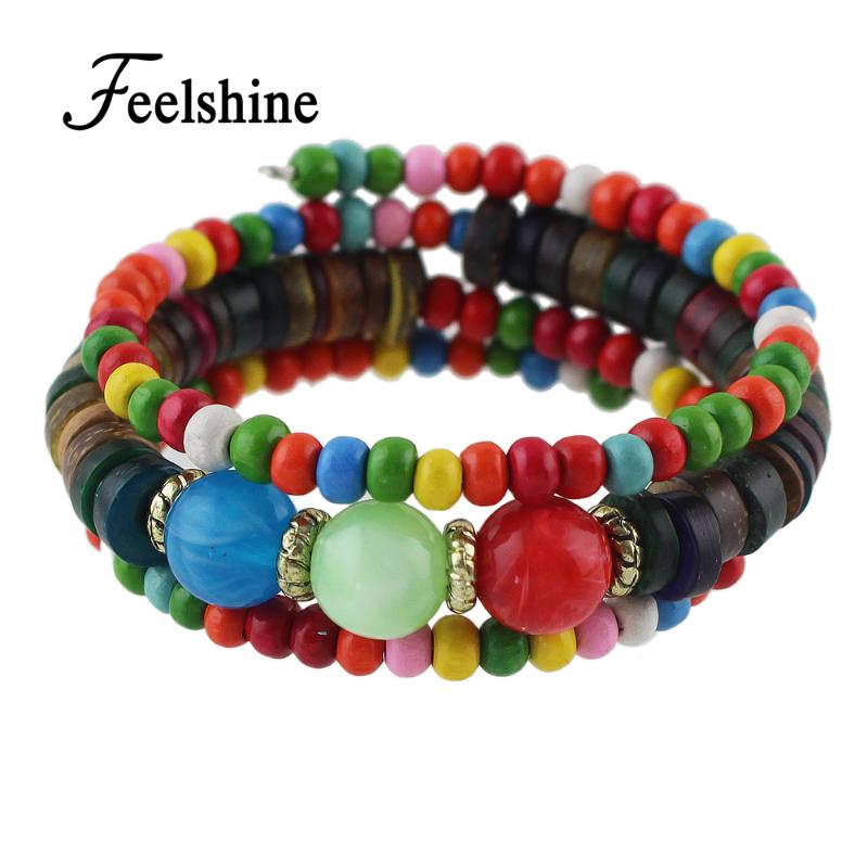 

Feelshine Bohemian Style Jewelry Colorful Wood Beads Multi Layer Chain Strand Bracelets And Bangles for Women Accessories