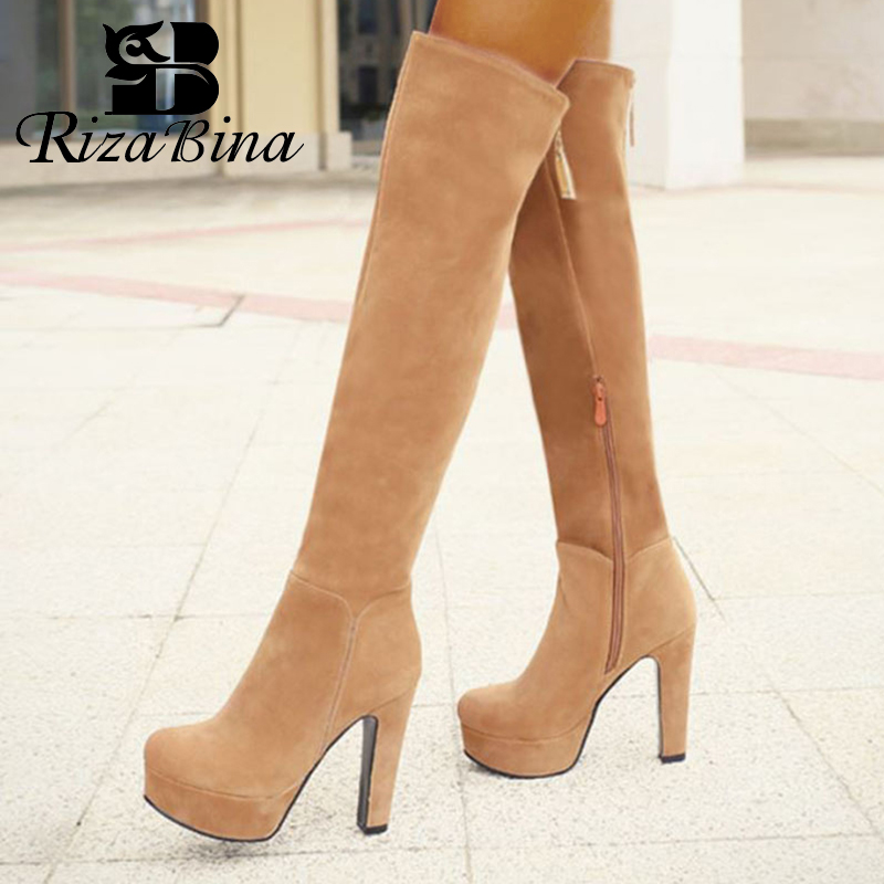 

RIZABINA Women Over The Knee Boots Side Zipper Round Toe Platform High Heels Shoes Winter Warm Women Long Boots Size 33-43, Black