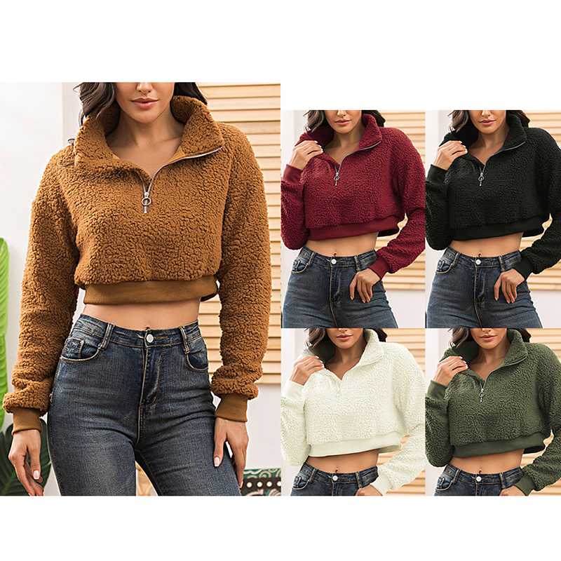 

Long Sleeve White Cropped Hoodie Women Autumn Winter Pullover Short Sweatshirt Plush Zipper Faux Fur Fluffly Sweatshirt, Black