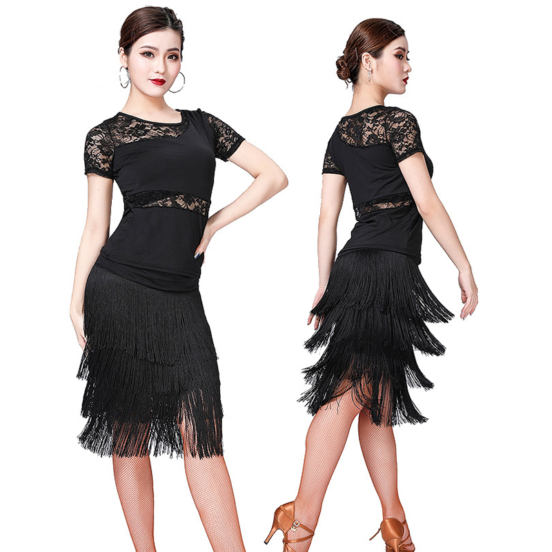 

Hot Sale Fringe Latin Dance Tops for Women Adult Latin Dance Dress Tassel Ballroom Rumba Cha Cha Tango Samba Skirts, Black