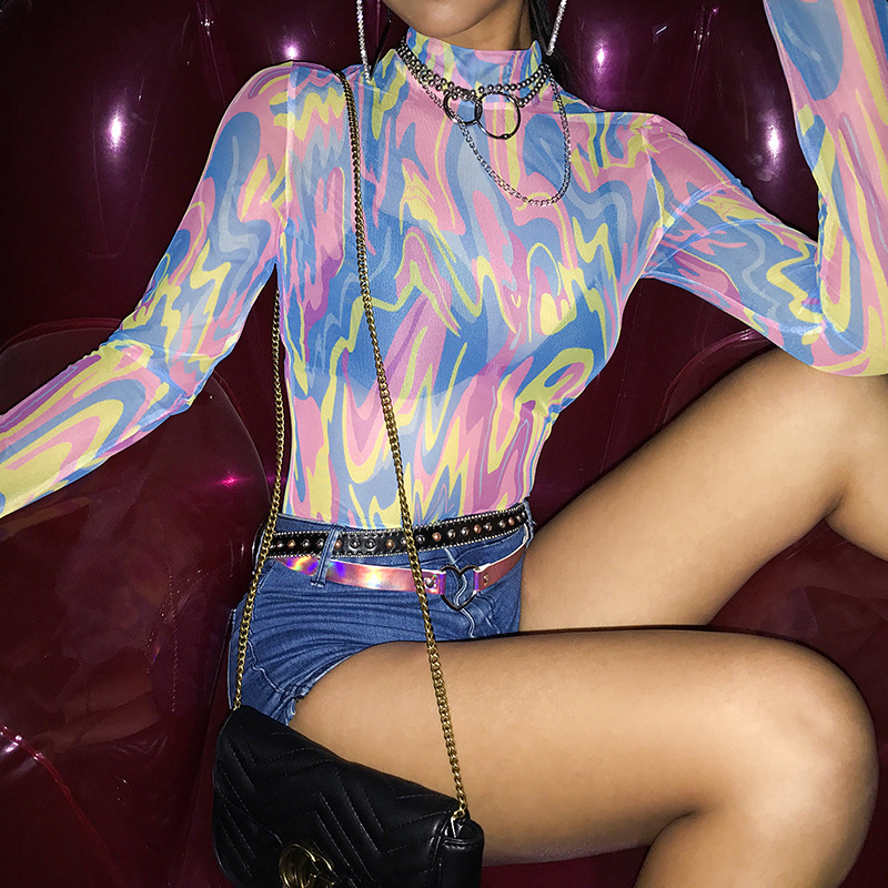 

2020 Women Sexy See Through Mesh Bodysuit Summer Slim Casual Transparent Streetwear Rainbow Bodycon Bodysuit Long Sleeve T Shirt, Multi