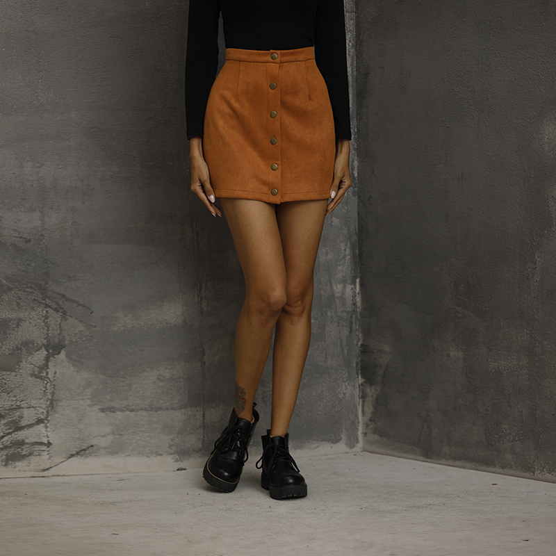 

2020 New Fashion All Season Women ladies A-Line Mini Short Skirt Button High Waist Skirt mini high quality Suede Female Skirts, As pic