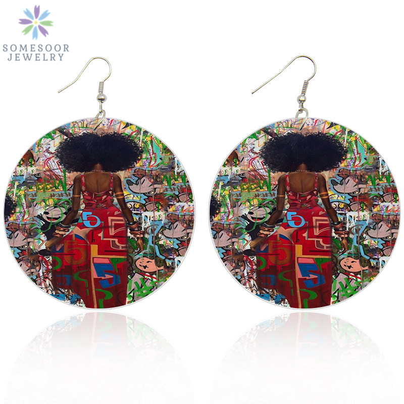 

SOMESOOR Printed Urban Mannerisms African Wooden Drop Earrings AFRO Natural Hair Woman Graffiti Both Sides Painting Jewelry Gift
