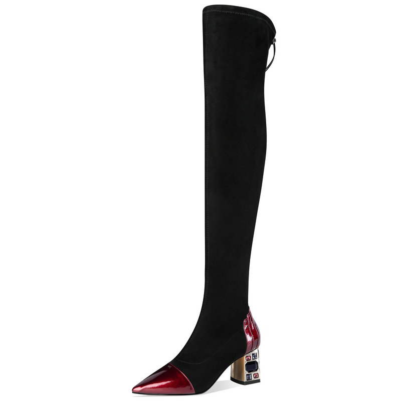 

crystal Thick high Heels ladies boots Genuine Leather Over The Knee Boots Winter Newest Party Dancing party shoes Woman, Black