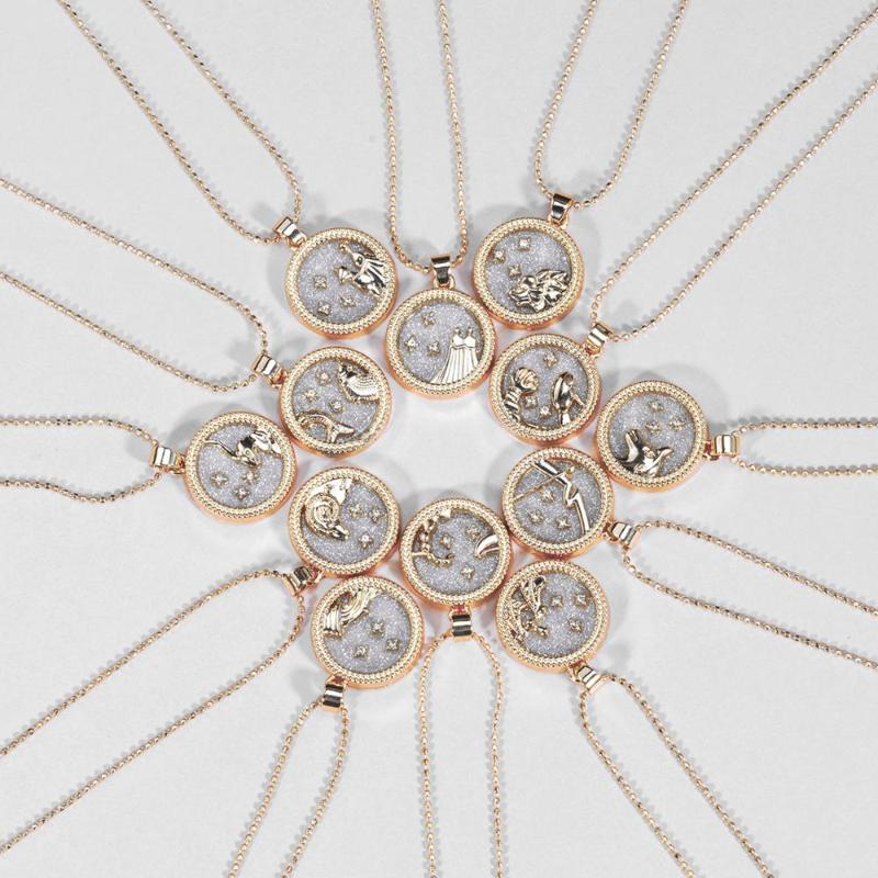 

12 Zodiac Constellations Necklace Geometric Round Pendant Rose Gold Chain Necklace Unisex Friendship Jewelry