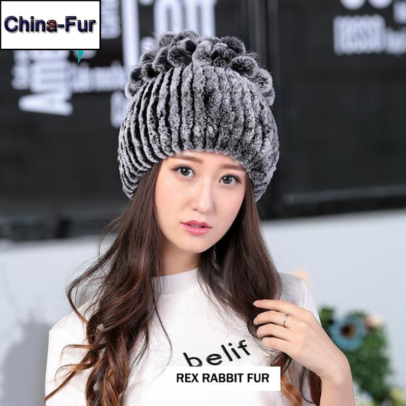 

2020 Thickening Warm Soft Casual Rex Fur Hat 100% Real Rex Fur Cap Silver Flower Knitted Beanies Hats, Color 13