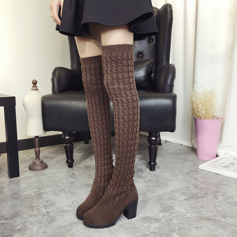 

2020 spring and autumn winter new thick wool thick with round head suede long boots over the knee warm boots women's, Black