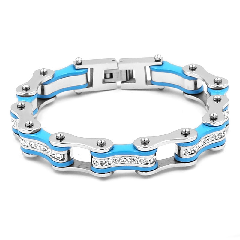 

Wholesale Bling Crystal Motorcycle Bracelet Stainless Steel Jewelry Blue Bicycle Chain Motor Biker Girls Men Bracelet 313B
