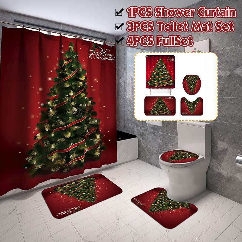 

4pcs/set Christmas Backgdrop Snow Printing Waterproof Bathroom Shower Curtain Bath Curtain Toilet Cover Mat Set Non-Slip Rugs