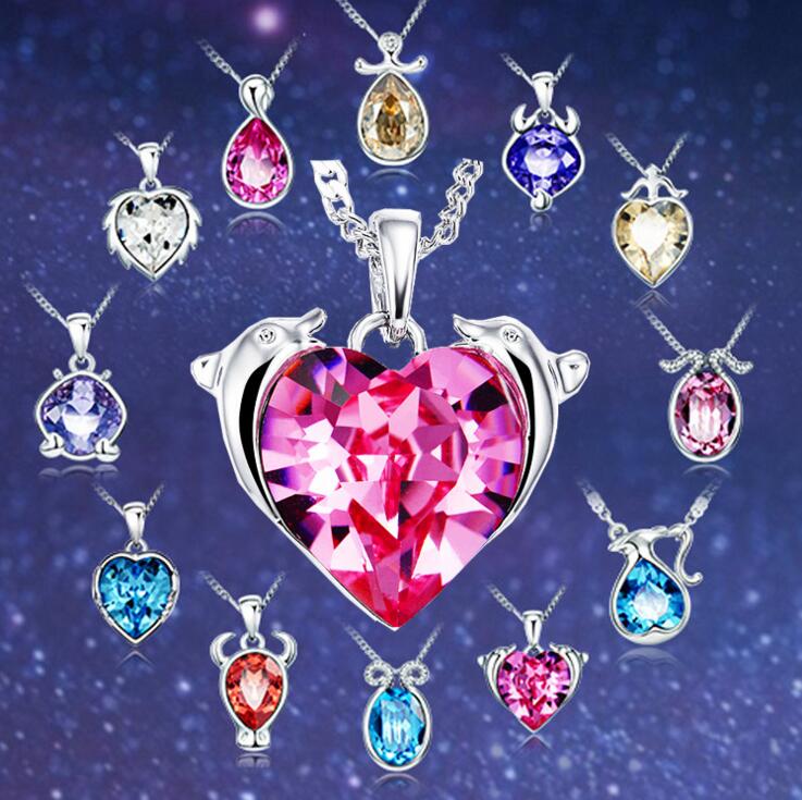 

12 Constellation Silver Color Crystal Necklace Zodiac Sign Pendant Austrian Crystal Jewelry Necklace Fashion Women BirthdayGift