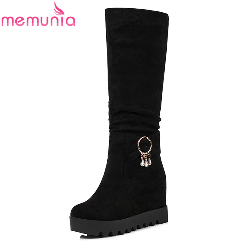 

MEMUNIA 2020 new arrival knee high boots black apricot slip on high heels boots flock with butterfly knot women's long