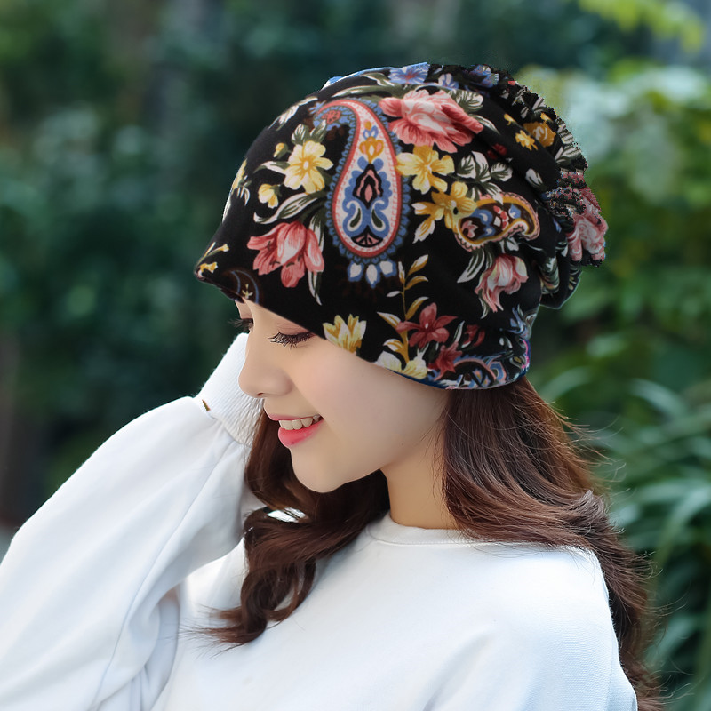 

Women Cotton Beanies Autumn Winter Hat Thin Bonnet Baggy Caps Flower Hats For Women Men Skullies Beanies Turban Hat Female, Black